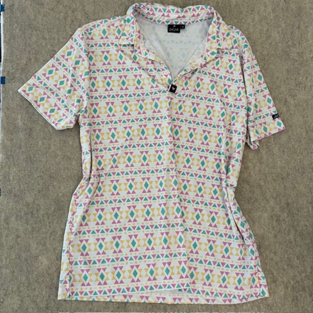 Bad Birdie Geometric Pink Teal Print Golf Polo Shirt Size XL